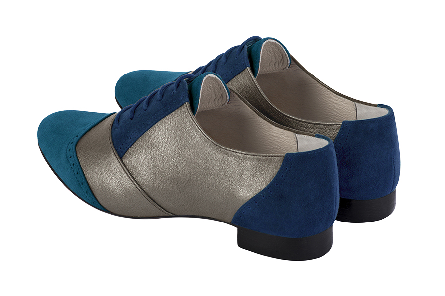 Peacock blue and taupe brown women's fashion lace-up shoes. Round toe. Flat leather soles. Rear view - Florence KOOIJMAN